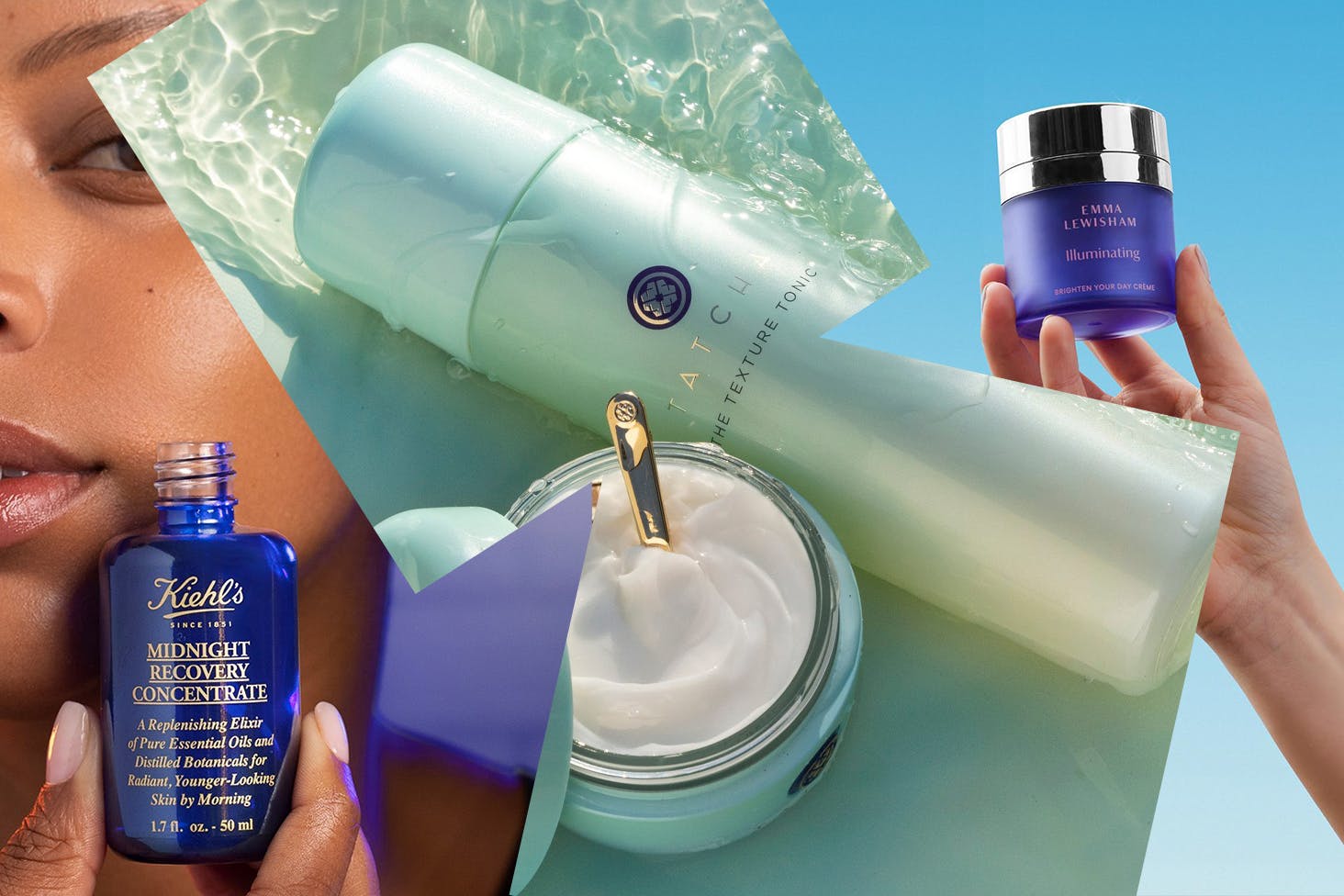 A collage featuring Kiehl's, Tatcha, and Emma Lewisham skincare